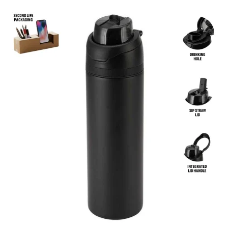 Aero Sip Hans Larsen Recycled Stainless Steel Bottle With Dual Sip Lid Black
