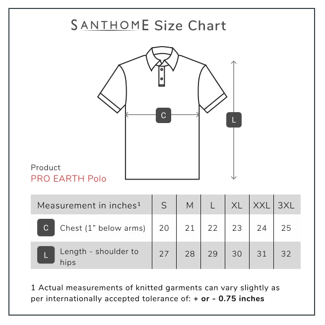 Santhome Pro Earth (mens) The Fully Recycled Polo Shirt Size Chart