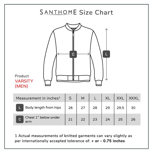 Varsity Santhome Men & Women Lightweight Reversible Bomber Jacket Size Chart Men
